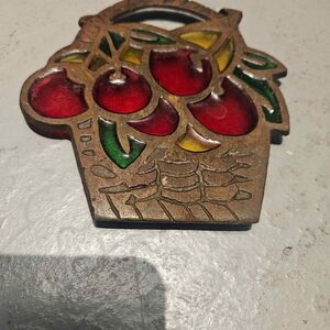 Stained Glass and Cast Iron Metal Cherry Baaket Trivet 5"